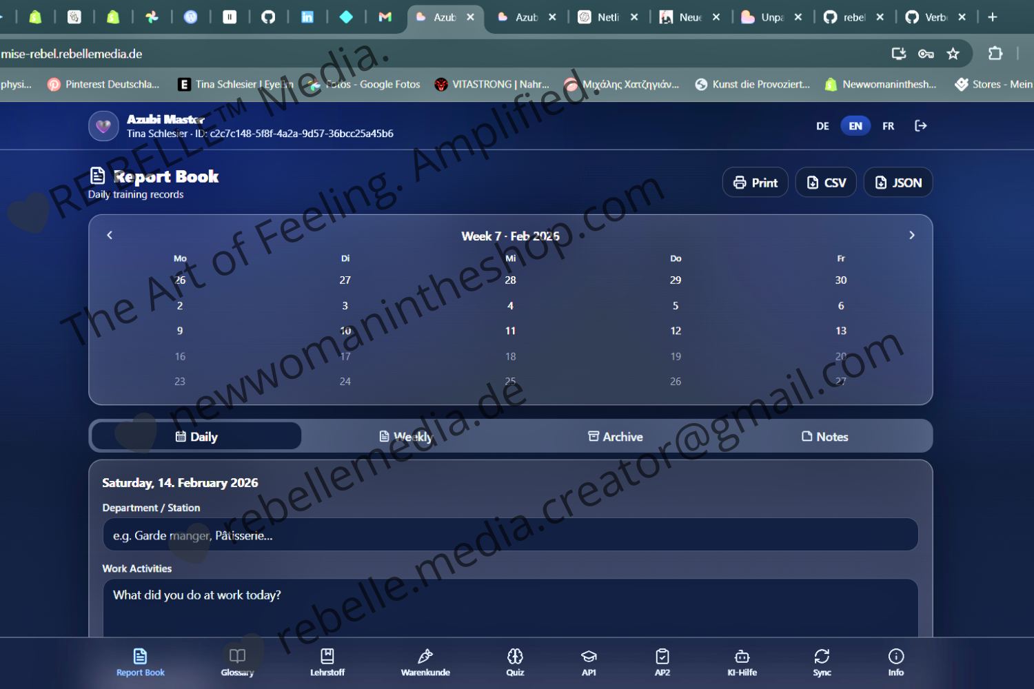 Screen: Berichtsheft – Eingabe (unten)